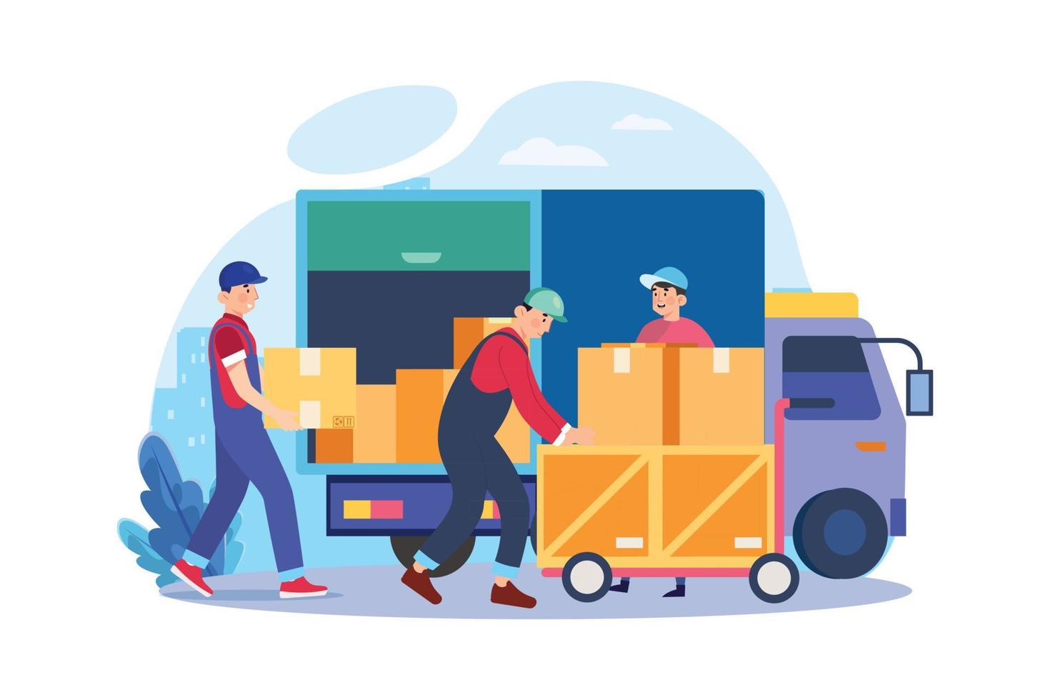 Worker loading packages on the truck vector
