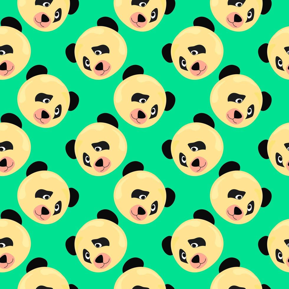 Panda head, seamless pattern on green background. vector