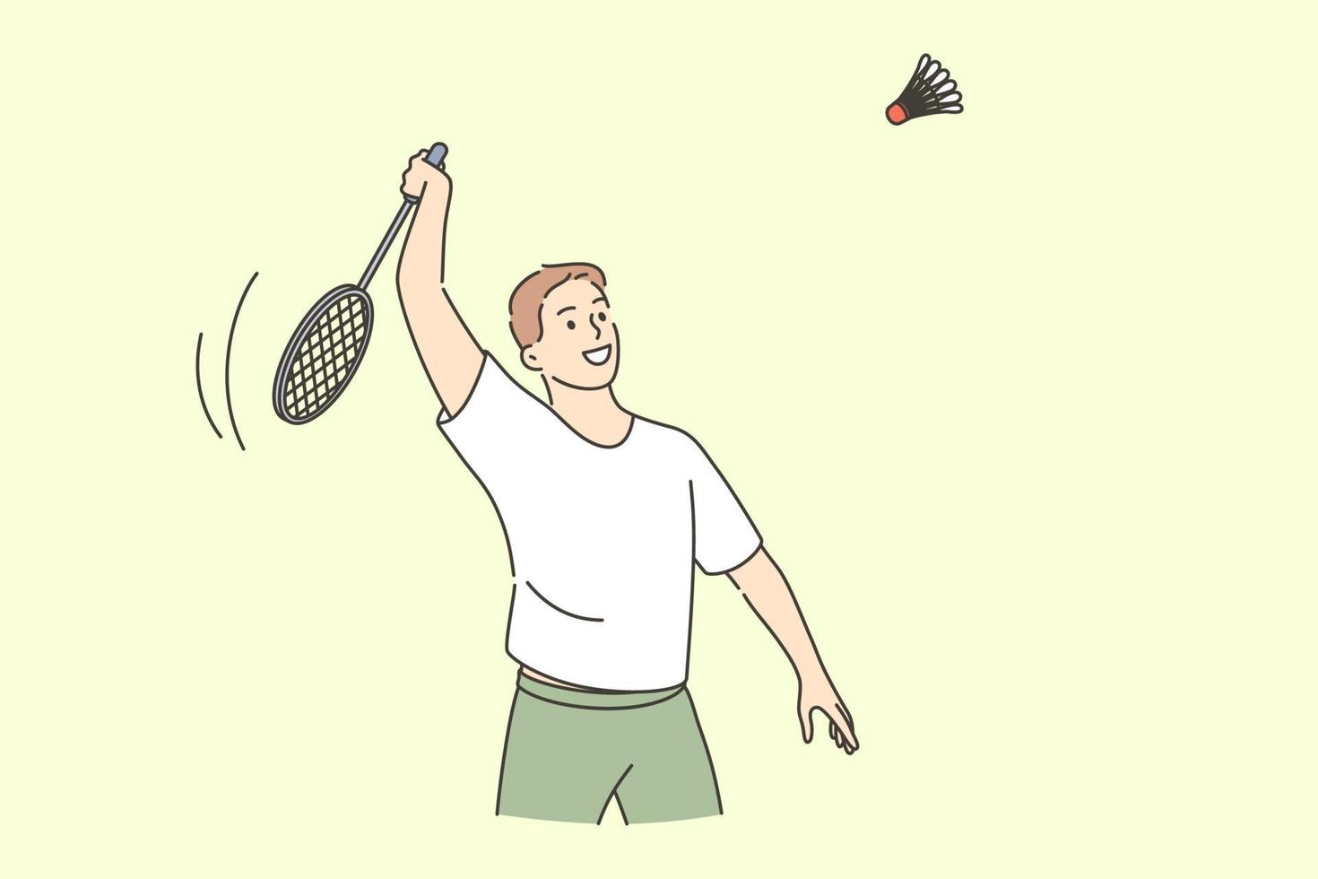 tenista profesional y concepto deportivo. joven personaje de dibujos animados de hombre sonriente sosteniendo cohete jugando tenis con ilustración de vector de estilo de vida activo