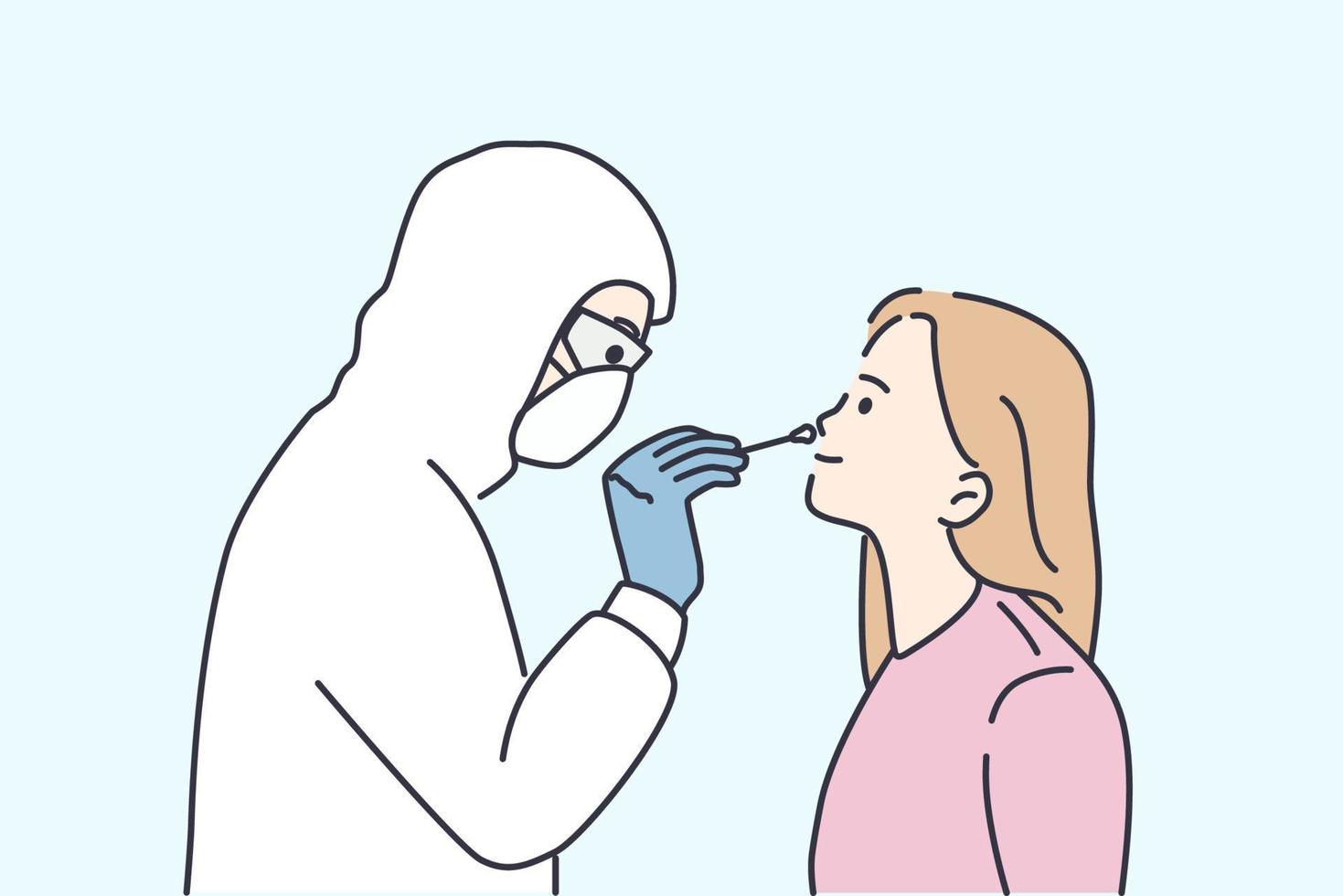 Test for coronavirus infection concept. Doctor in white protective uniform taking test for COVID-19 from young girls nose with stick during pandemic vector illustration