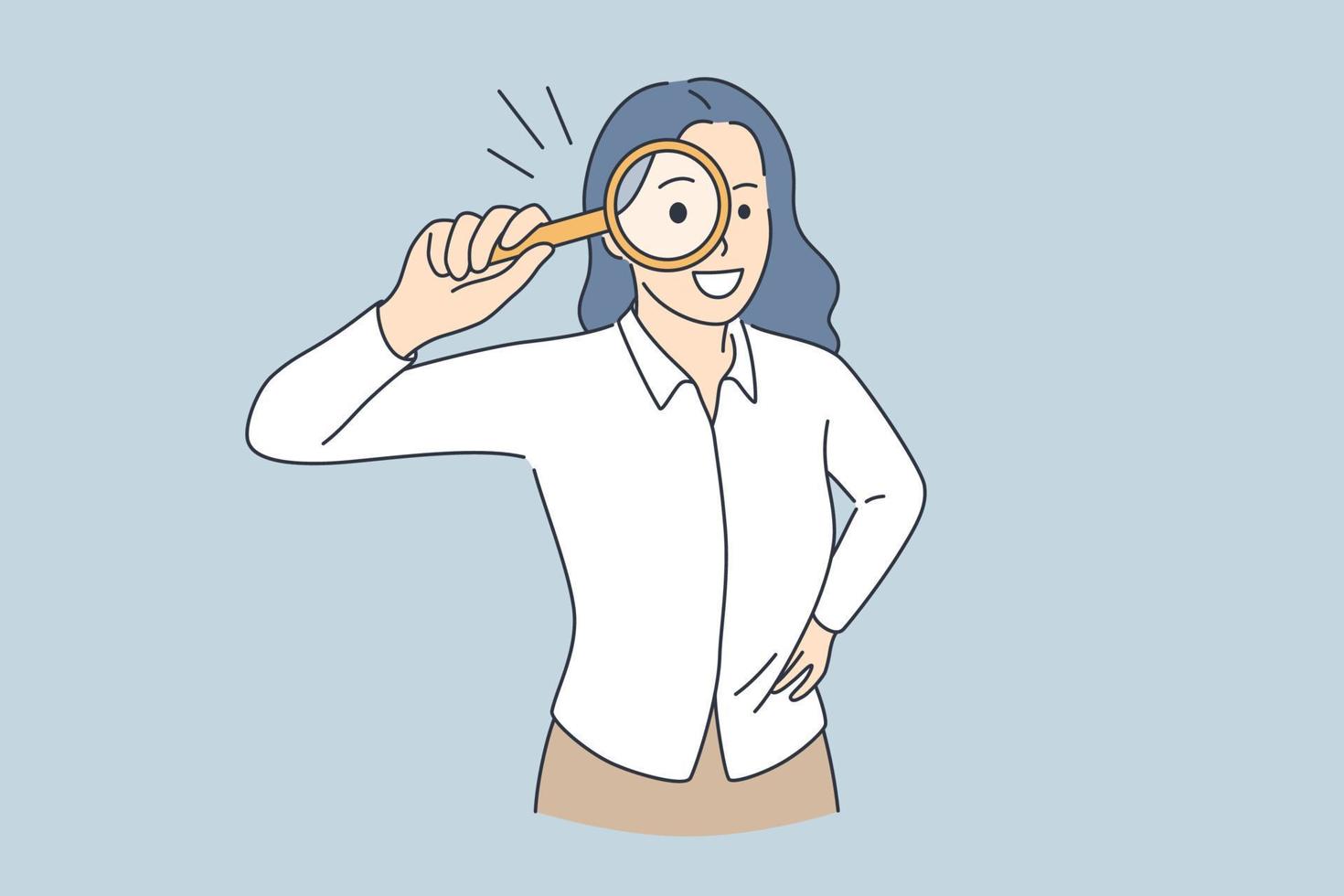 Searching investigation and research concept. Young smiling woman cartoon character standing holding magnifier glass over eyes feeling curious vector illustration