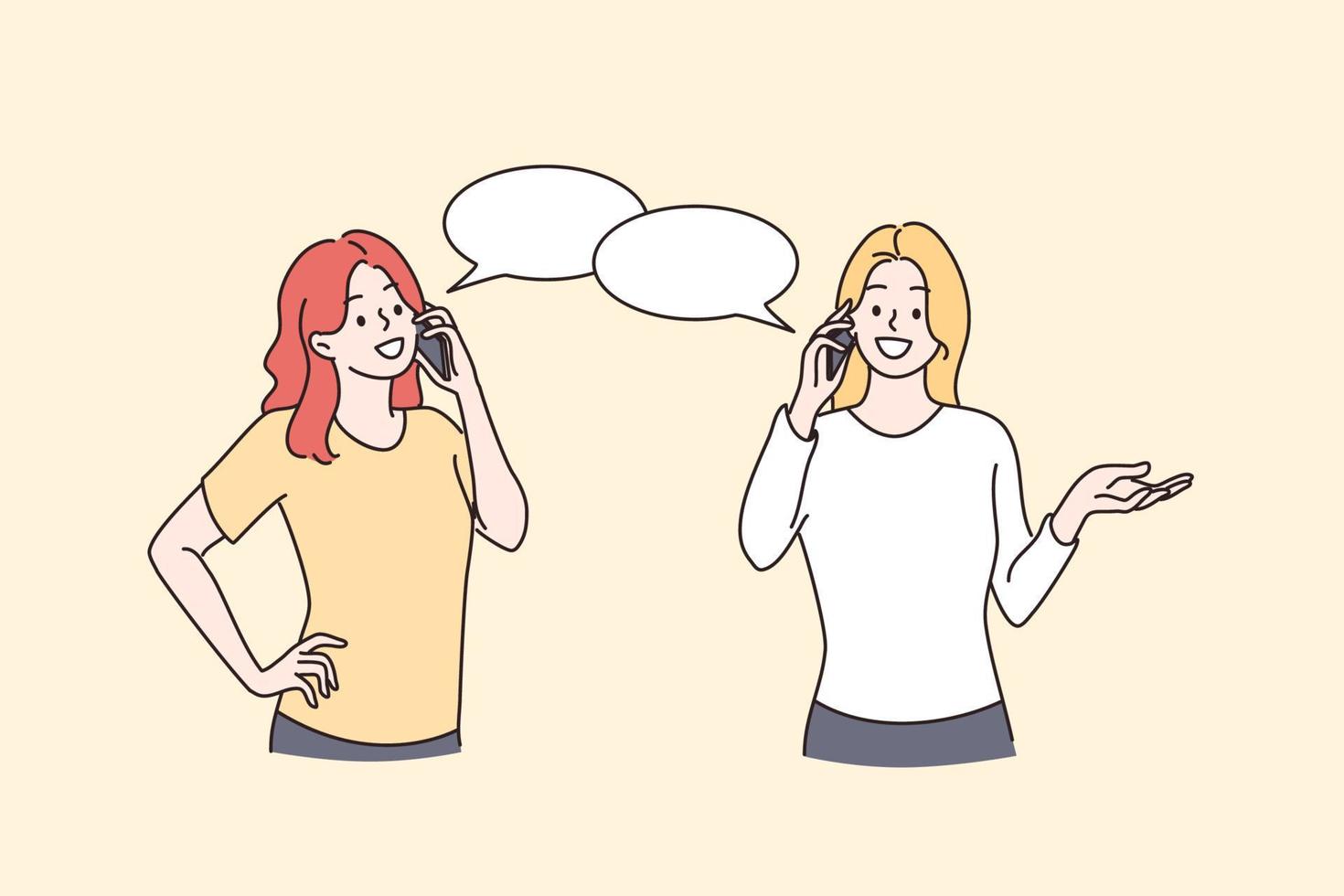 Phone talk, communication, chatting concept. Two young positive women friends having conversation cellphone dialog chatting about things vector illustration