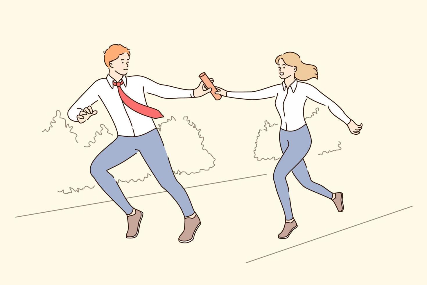 Teamwork, collaboration and business challenge concept. Young woman worker running and giving baton to colleague man in suit and tie meaning success and achievement concept vector illustration
