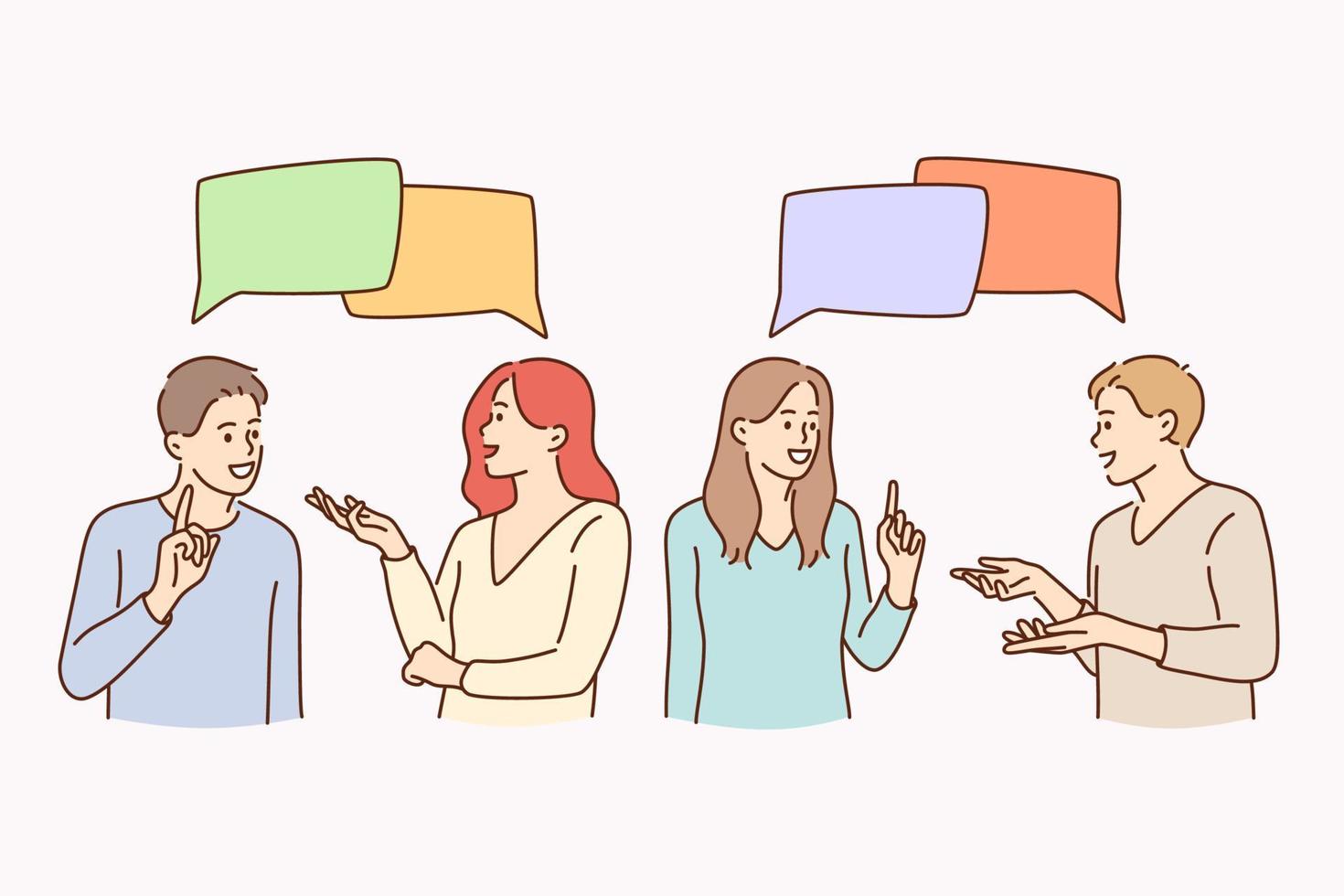 Communication, talking, chatting and discussion concept. Young people women and men standing talking with speech bubbles over feeling cheerful vector illustration