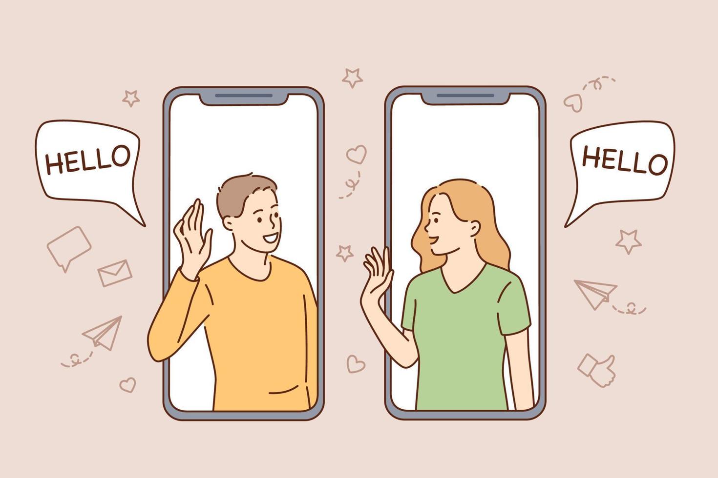 Online Communication, chatting and technologies concept. Young people woman and man looking at each other from smartphone screen greeting feeling cheerful vector illustration