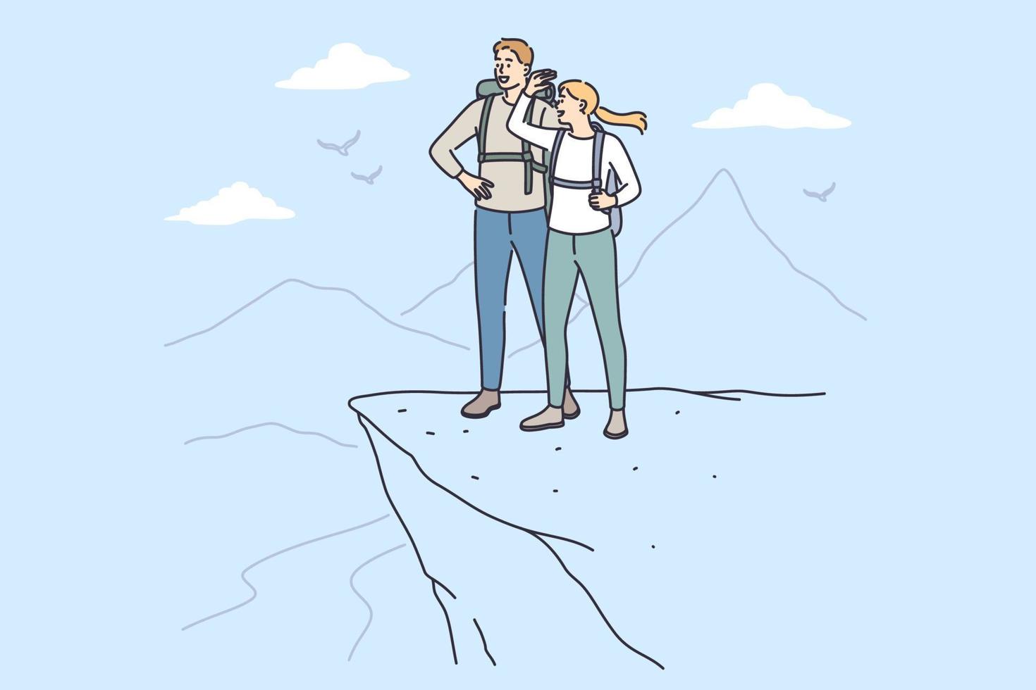 Trip, adventure and summer vacations concept. Young happy couple cartoon characters standing with backpacks looking at scenery view from mountain top peak feeling freedom vector illustration