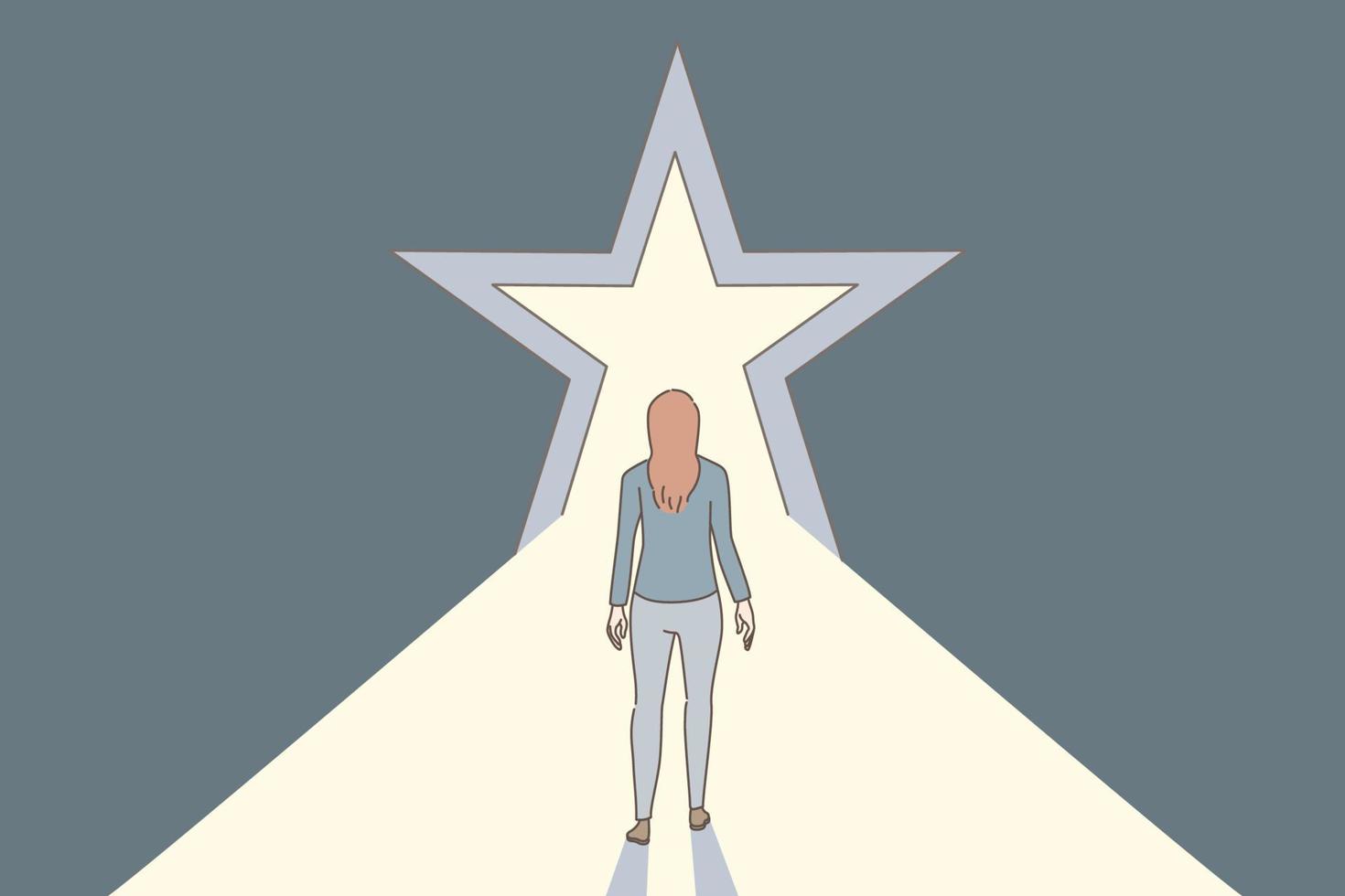 Opportunities, better future and leadership concept. Woman standing backwards and looking ahead at star tunnel entrance to future ahead vector illustration