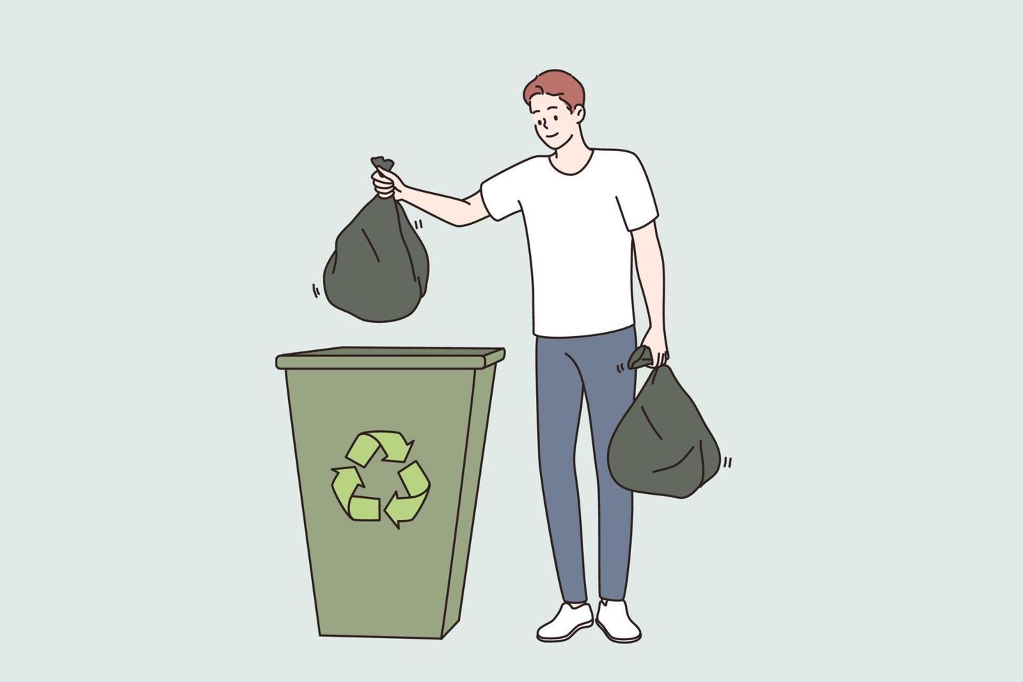 Saving ecology and recycling concept. Young smiling man cartoon character standing holding trash bags separated for recycling vector illustration