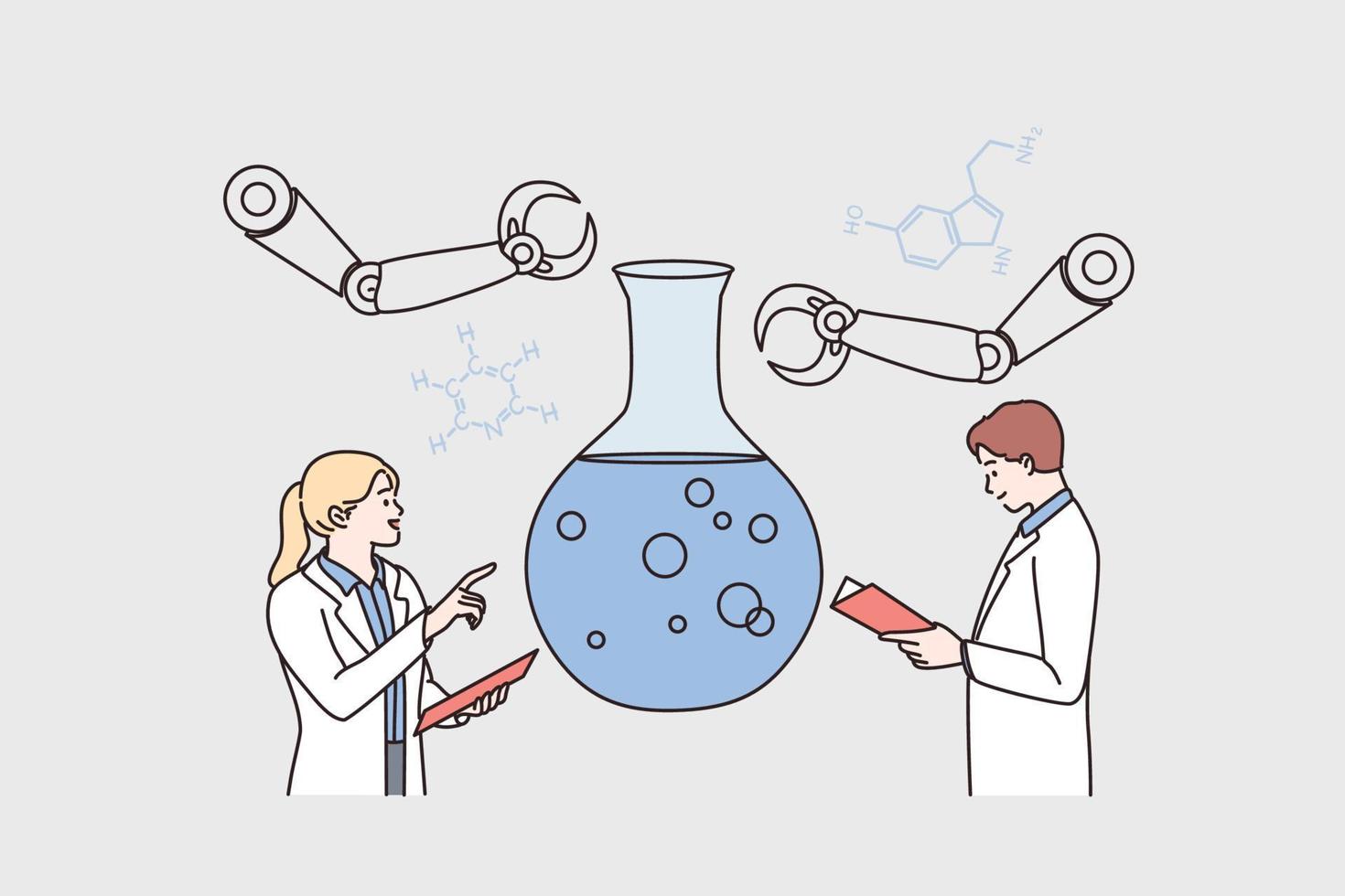 Laboratory research and science concept. Young scientists woman and man cartoon characters standing communicating about science research in flask together vector illustration