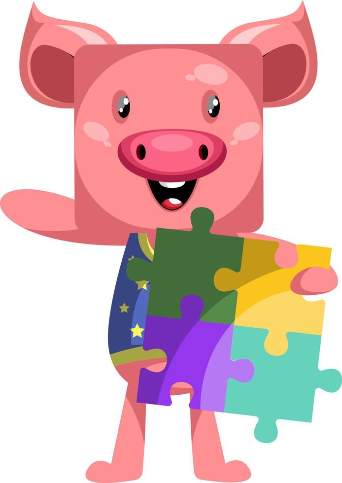 Pig holding puzzle, illustration, vector on white background.