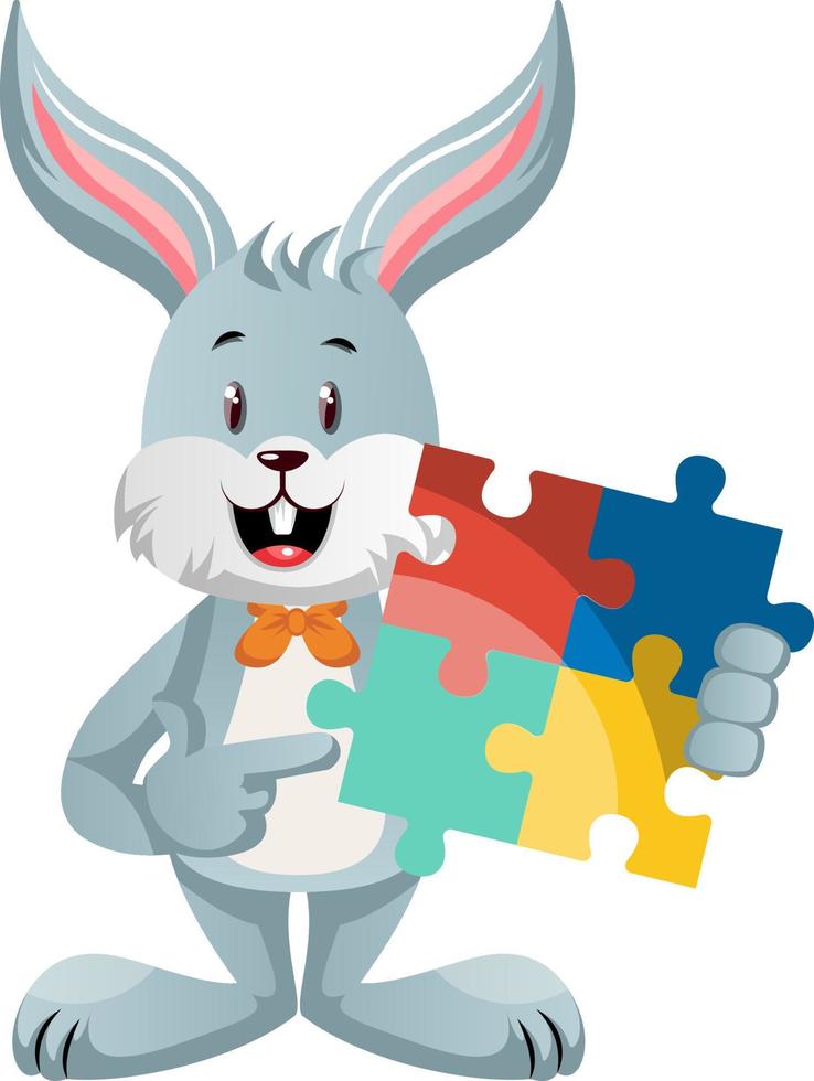 Bunny with puzzle, illustration, vector on white background.
