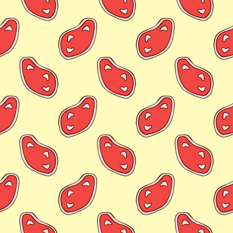 Delicious steak slices, seamless pattern on yellow background. vector