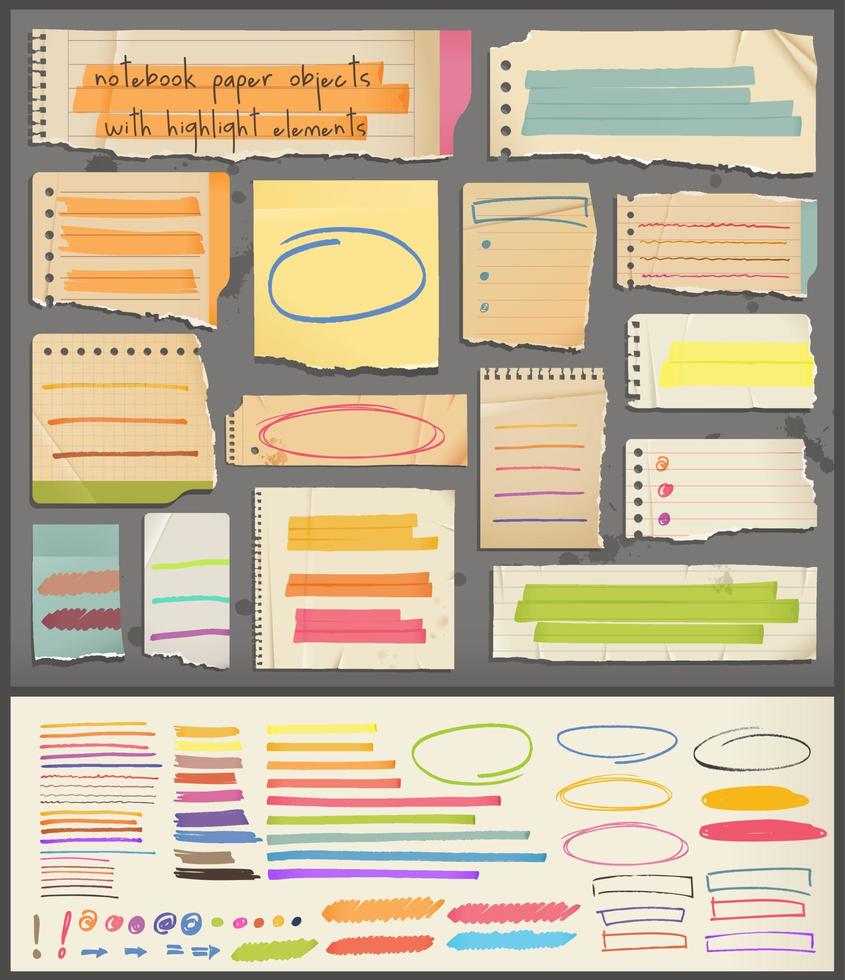 Notebook paper objects with highlight elements vector