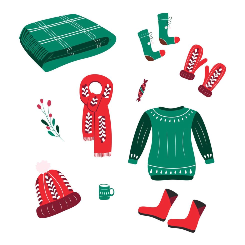 Bundle of winter clothes woolen sweater, snow boots, hat, mittens, socks, cozy plaid. Set of seasonal clothing. Knitted winter clothes. Colored vector set. All elements are isolated.