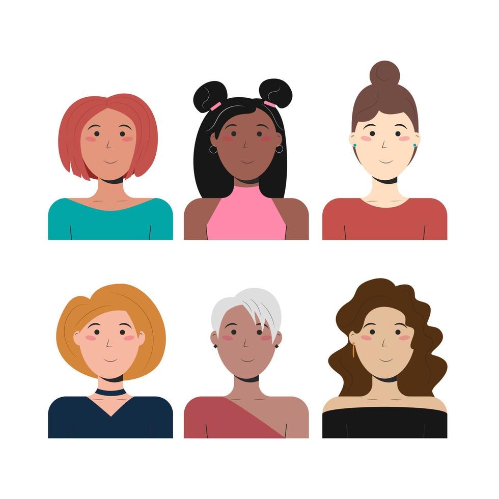 con lindo icono de avatar de chica vectorial. conjunto de avatares de chicas. rostros de personajes femeninos. mujeres jóvenes sonrientes. ilustración vectorial dibujada a mano. vector