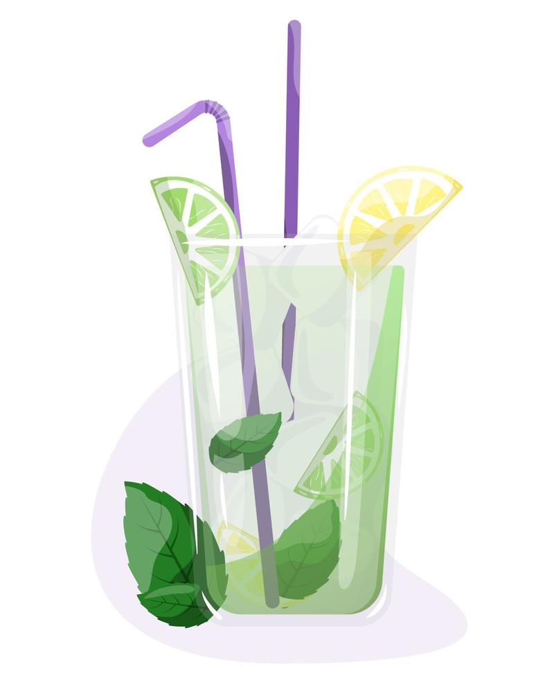 Cocktail with lime and mint. Glass of mojito cocktail with mint and straw. Vector illustration isolated on white background.