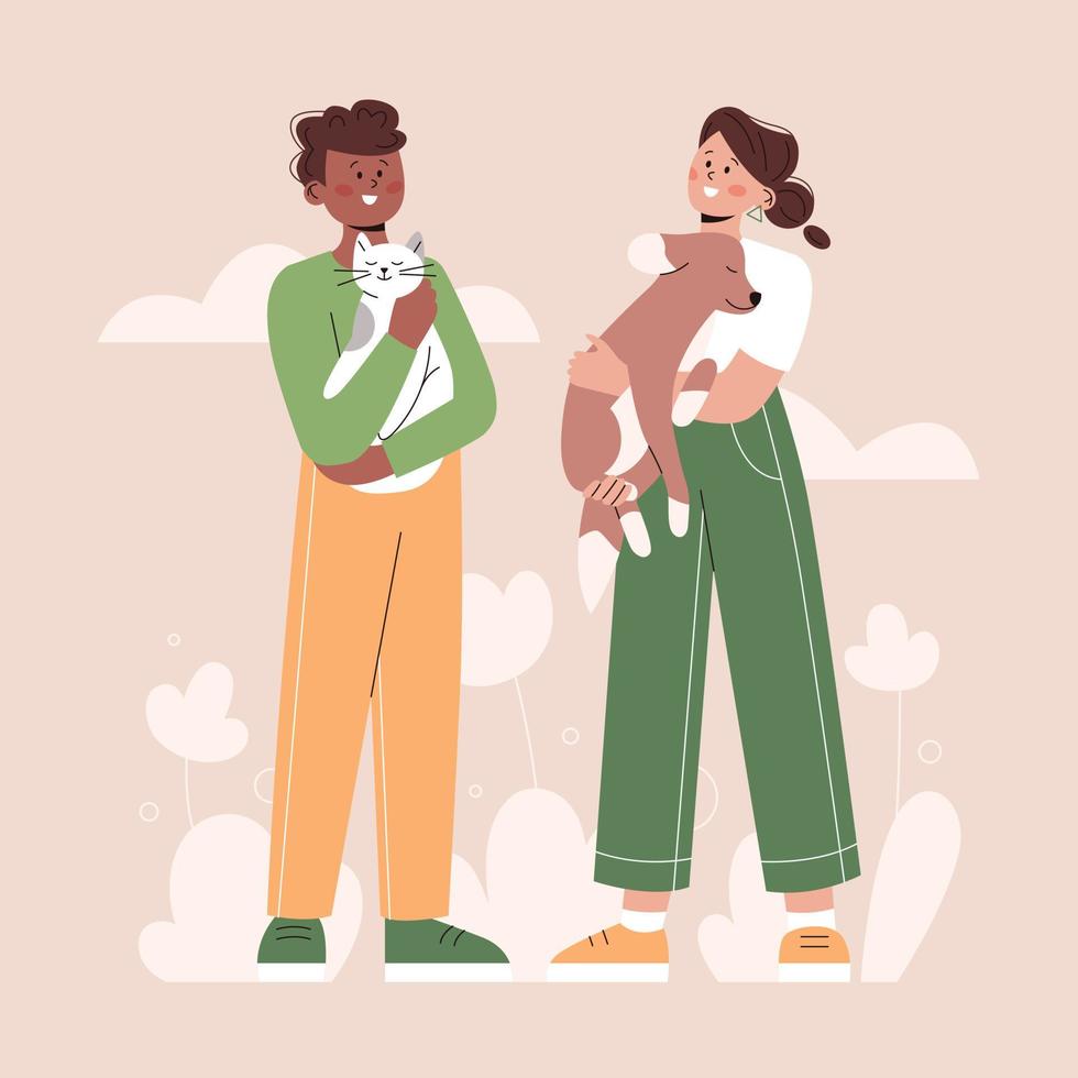 The concept of helping and loving pets. A woman and a man hold a cat and a dog in their arms. Flat vector illustration.