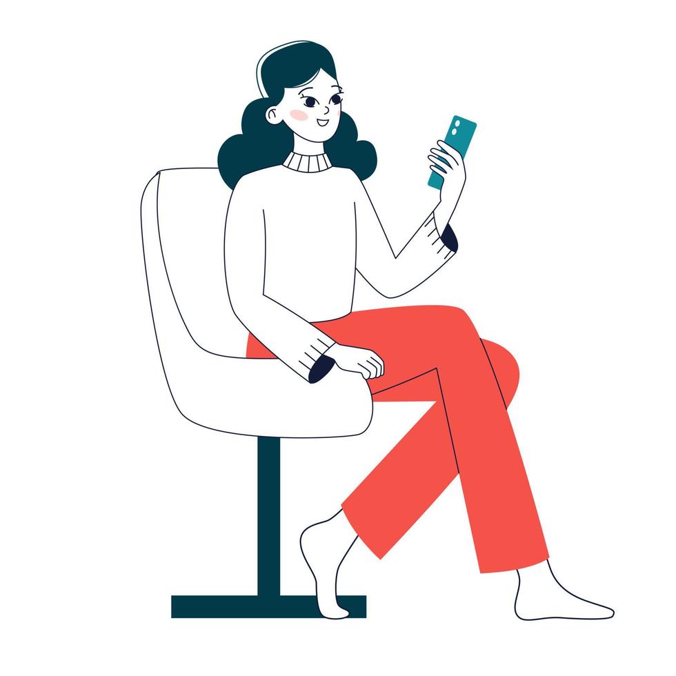 A woman is sitting in a chair with a phone in her hands. The concept of online ordering, shopping, and delivery. Outline vector illustration.