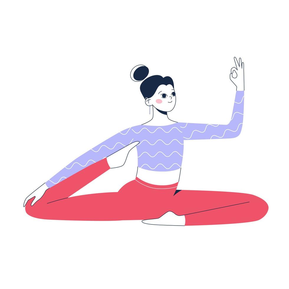 mujer haciendo pose de yoga. ilustración aislada sobre fondo blanco. ilustración conceptual para yoga, pilates y estilo de vida saludable. ilustración de contorno de vector plano.