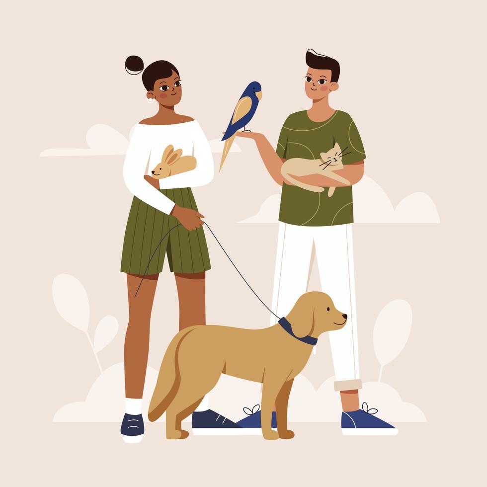 The concept of helping and loving pets. A woman and a man hold a cat, rabbit, bird, and dog in their arms. Flat vector illustration.