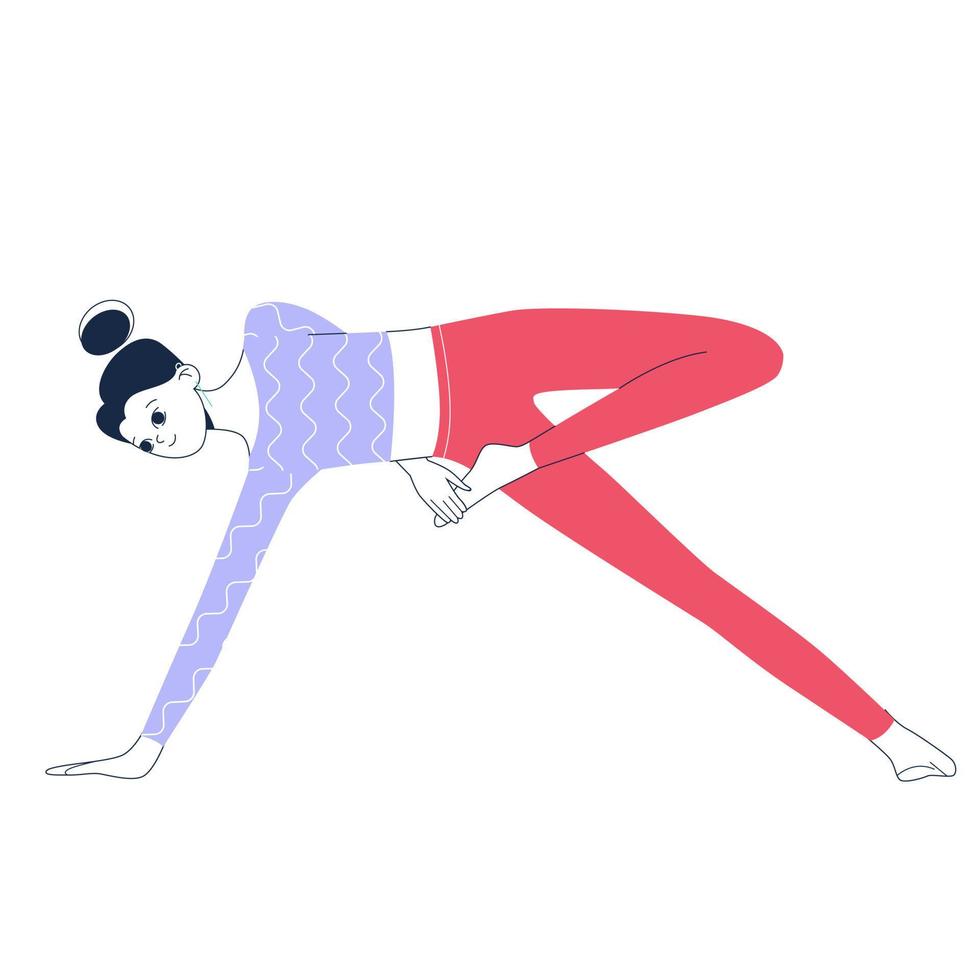 mujer haciendo pose de yoga. ilustración aislada sobre fondo blanco. ilustración conceptual para yoga, pilates y estilo de vida saludable. ilustración de contorno de vector plano.