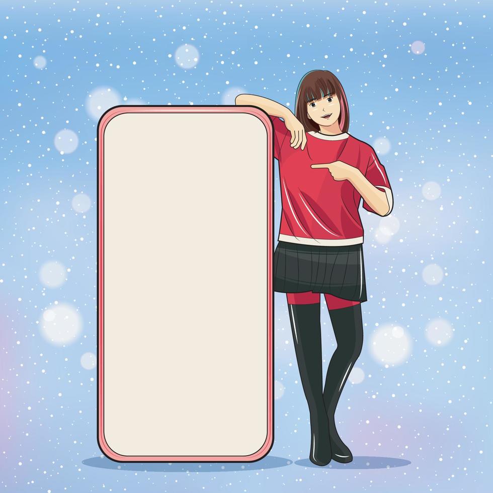 publicidad concepto de navidad. chica joven que señala hacia la izquierda con la ilustración de vector de teléfono celular grande descarga gratuita