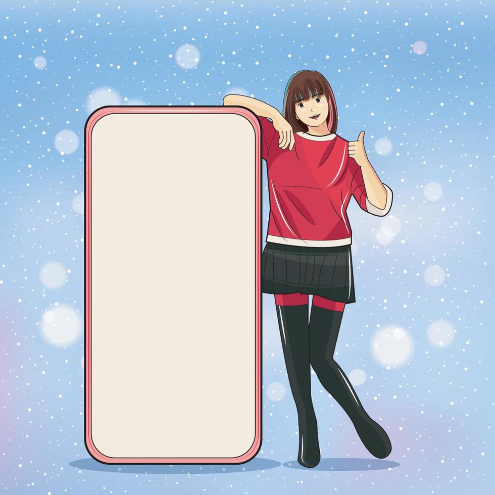 Advertising Christmas Concept. Young girl thumb up approval with big mobile cell vector illustration pro download