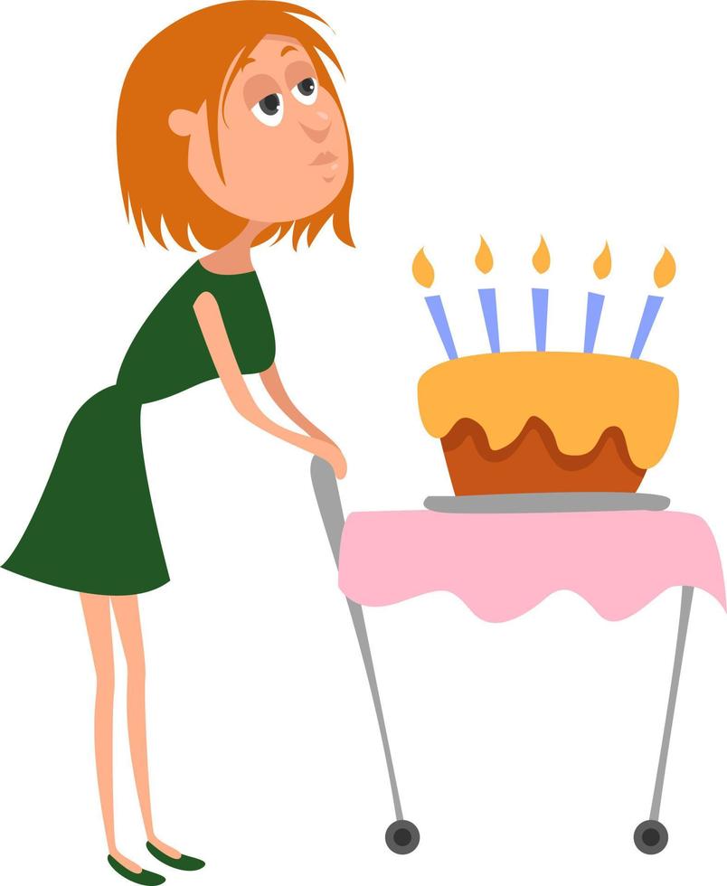 Mom with a birthday cake, illustration, vector on white background