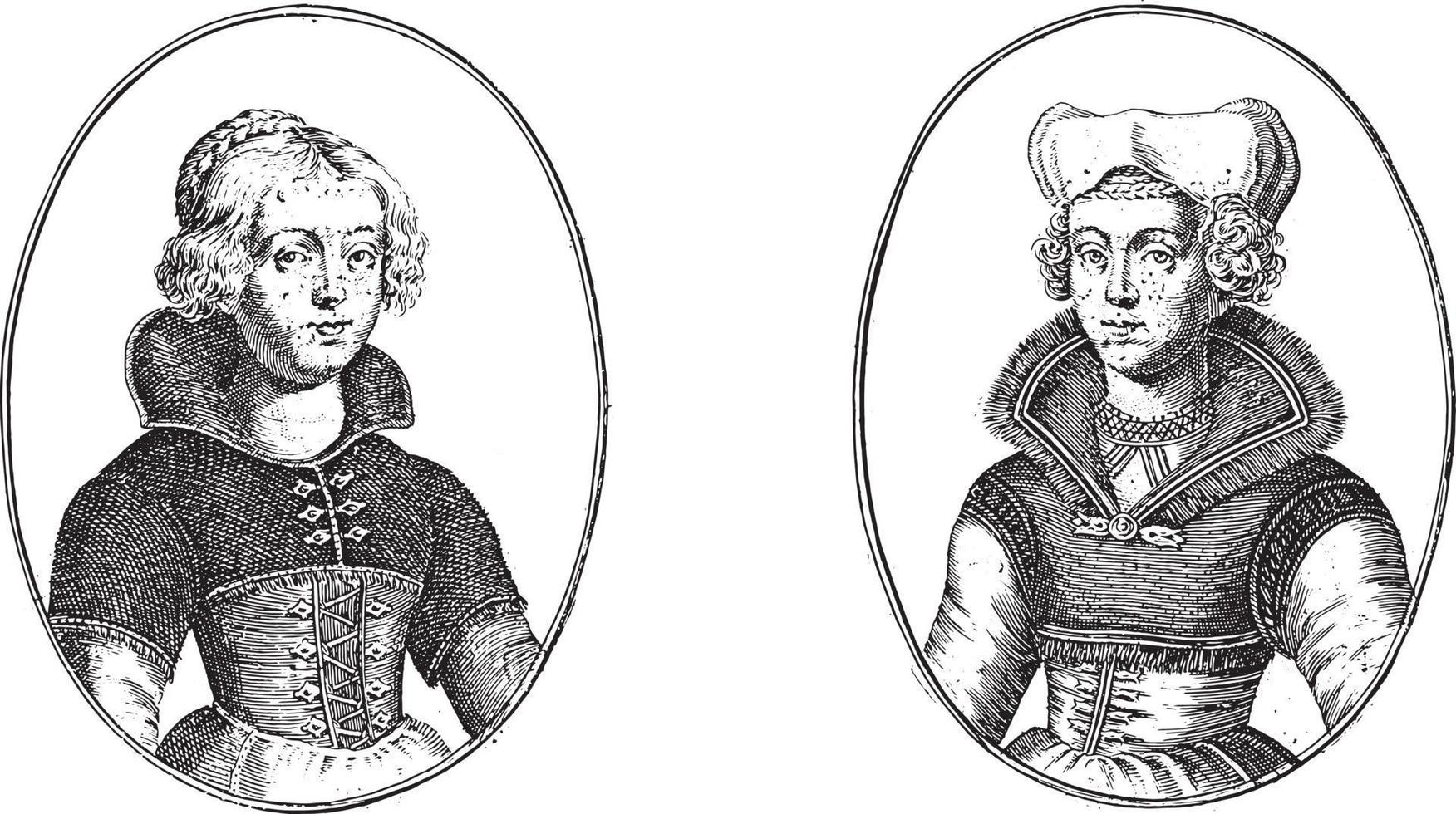 Portraits of the Schone Ifken van Purmerend and Bes Jans van Wormer, vintage illustration. vector