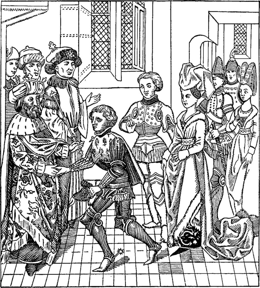 recepción de cruzados por el rey de hungría, ilustración antigua. vector