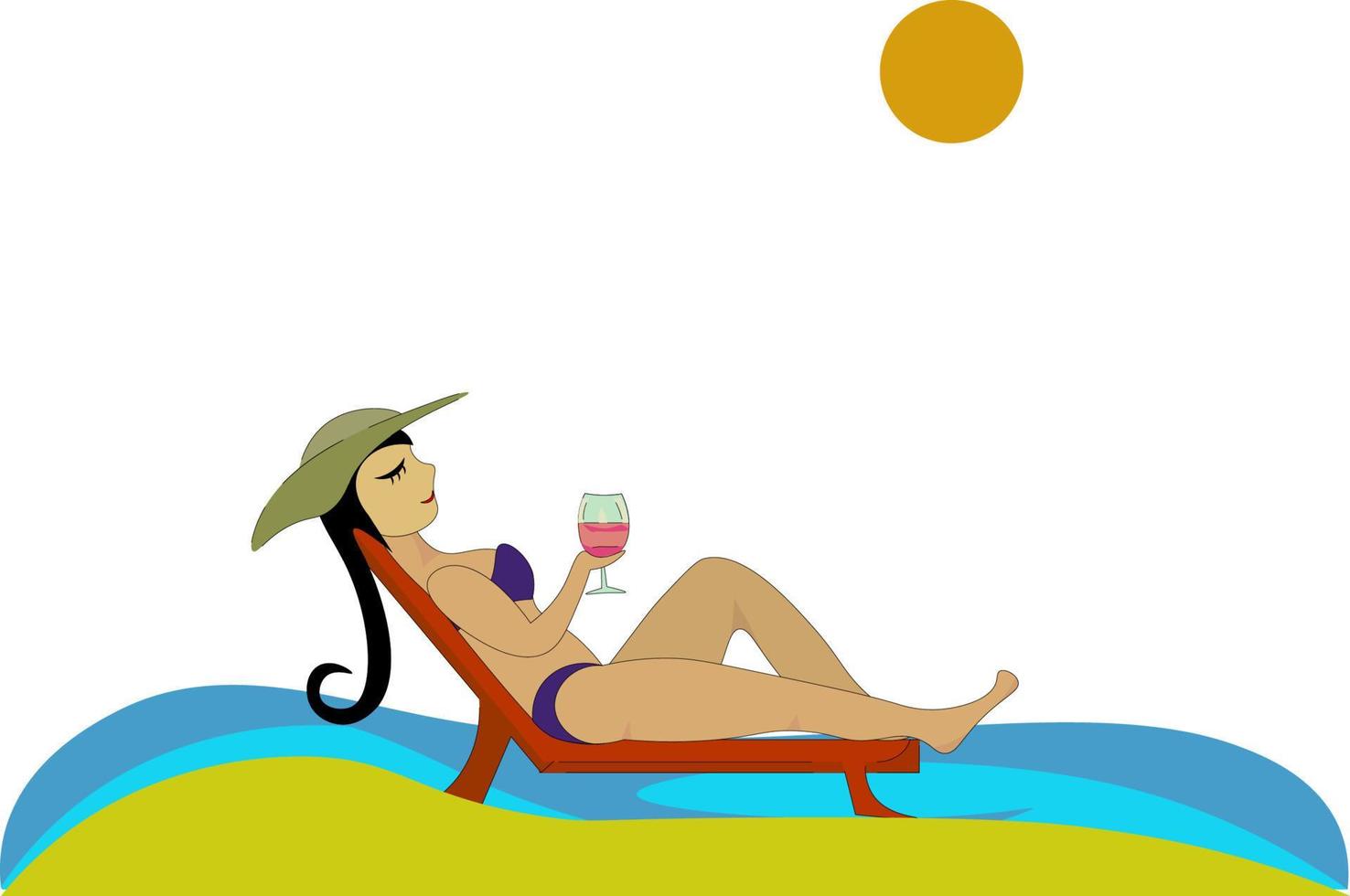 mujer con sombrero relajante, ilustración, vector sobre fondo blanco.