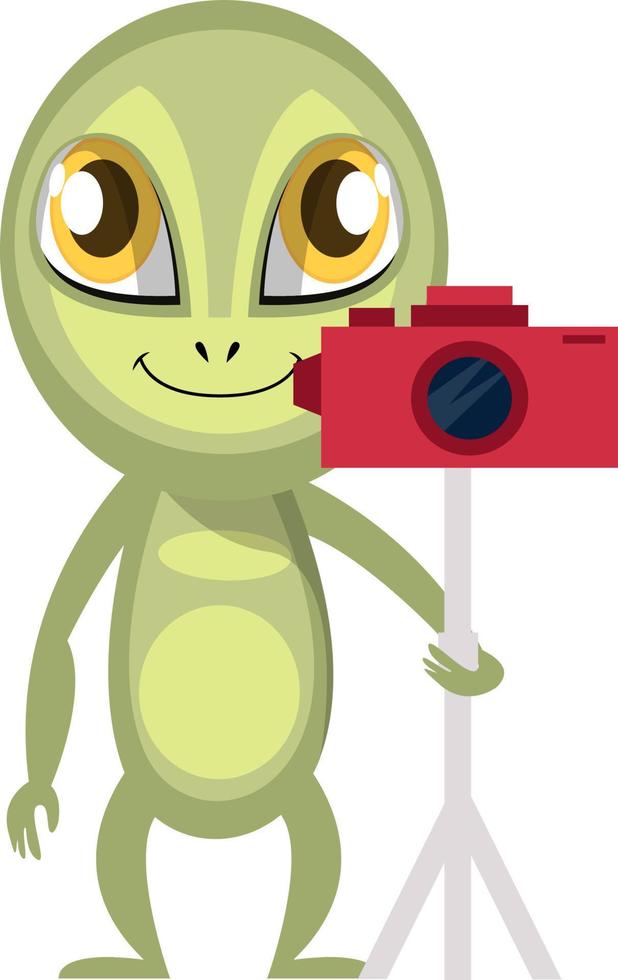 Alien with camera, illustration, vector on white background.