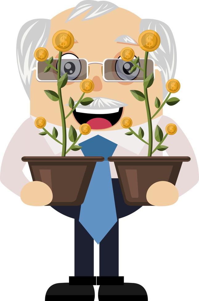 Viejo sosteniendo flores, ilustración, vector sobre fondo blanco.