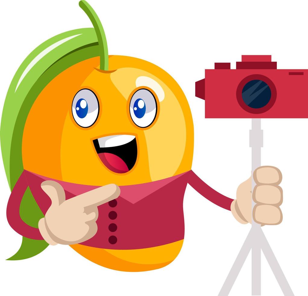 Mango with camera, illustration, vector on white background.