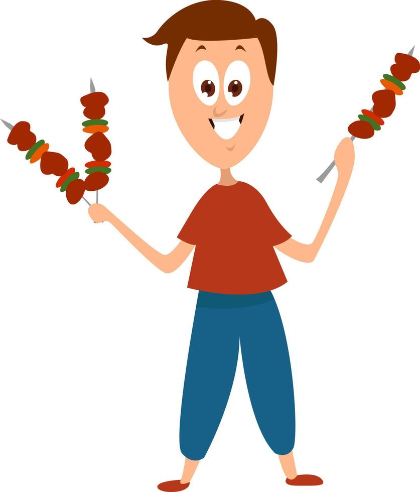 Man with kebabs, illustration, vector on white background