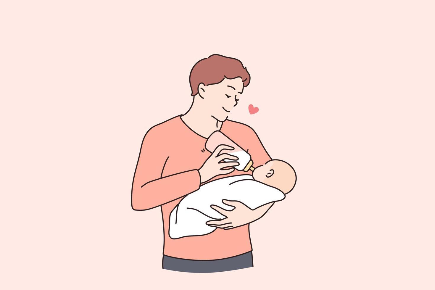 Happy fatherhood and childhood concept. Young father holding his little baby drinking milk from bottle in father hands feeling love and care vector illustration