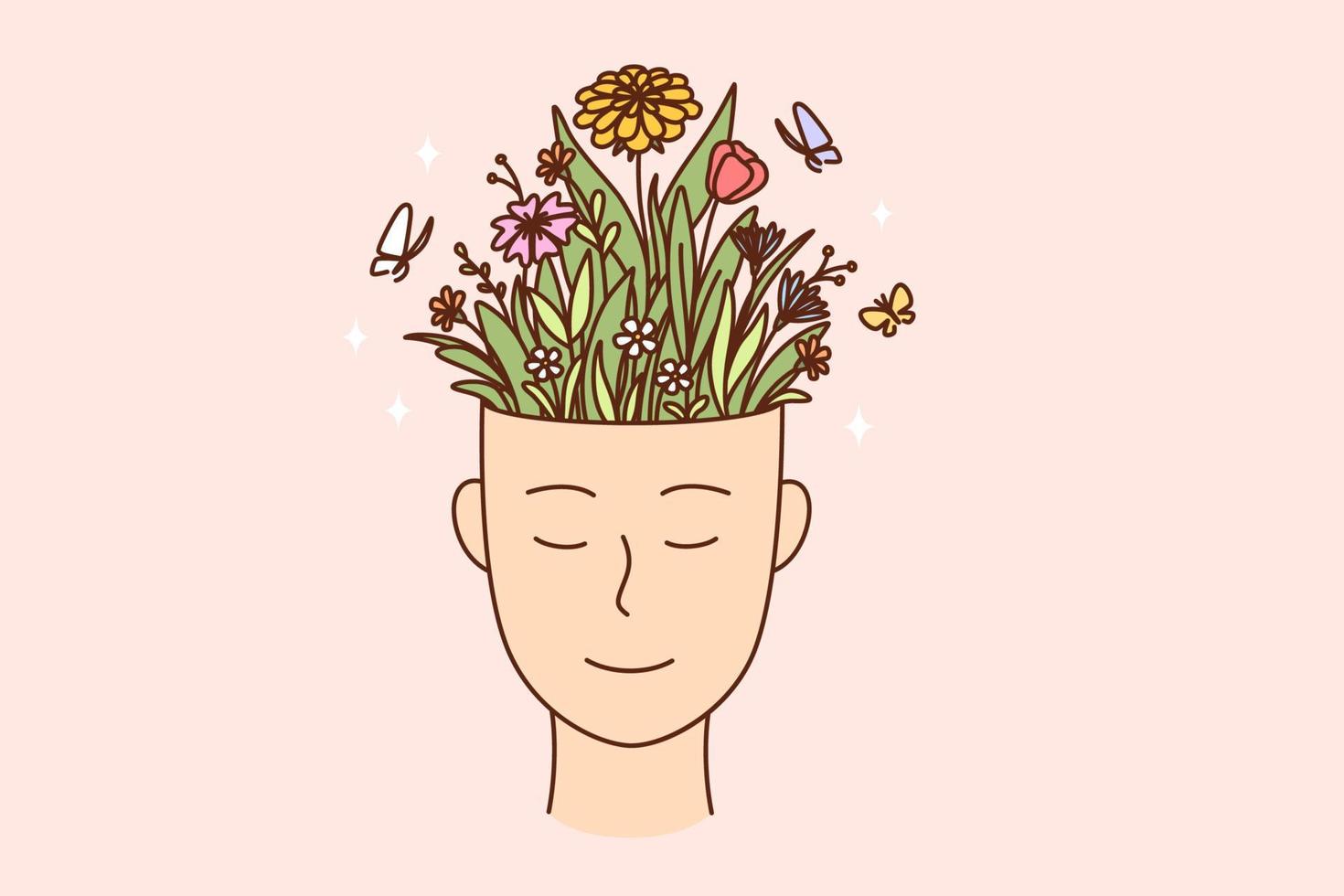 creatividad, desarrollo personal, concepto de crecimiento individual. mano humana con sonrisa y llena de flores que florecen en la ilustración de vector de maceta