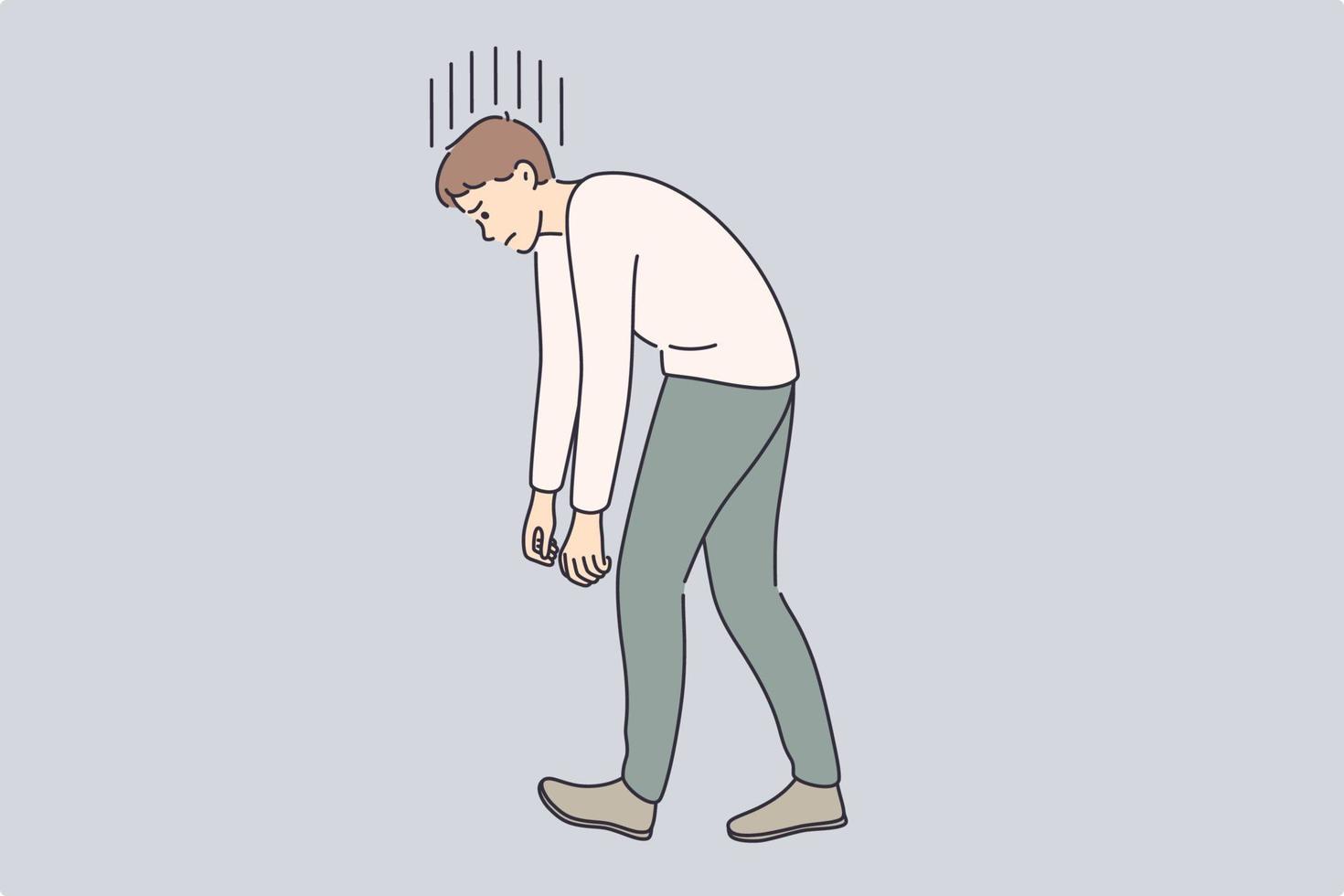 Overwork, tiredness, exhaustion at work concept. Young tired stressed businessman cartoon character walking with hand and back down vector illustration