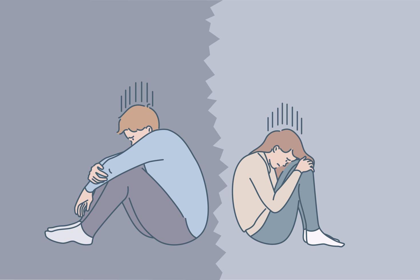 Problems in couple relations concept. Young sad depressed couple sitting back to back crying feeling lonely having bad relationships splitting up vector illustration