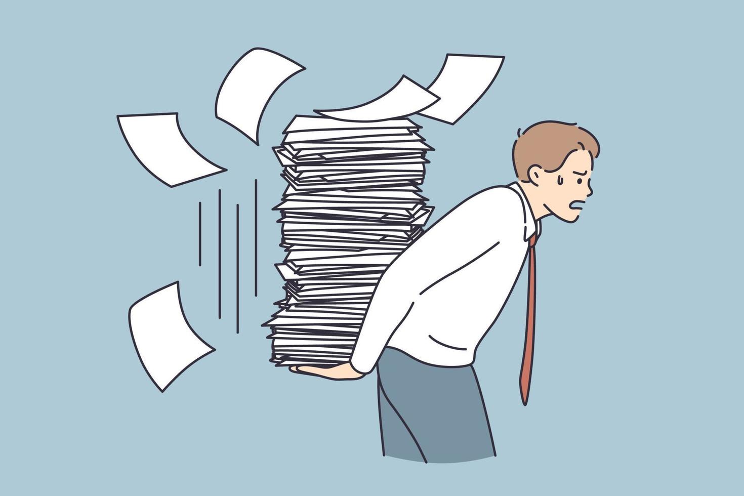 Overwork, stress, exhaustion at work concept. Young tired stressed businessman cartoon character carrying heap of papers having much duties things to do vector illustration