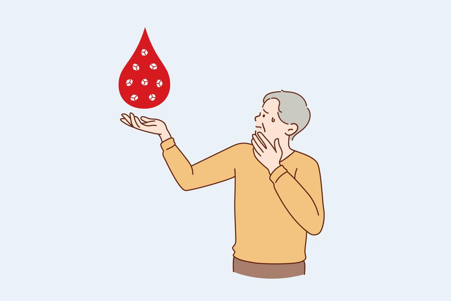 Blood donation and help concept. Old sick man standing holding huge blood drop on hand touching chin and head for charity donation vector illustration