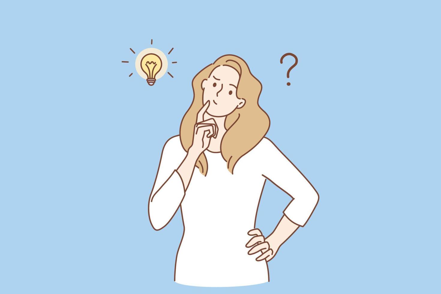 Frustration, doubt and question concept. Young frustrated woman cartoon character standing feeling doubt with question marks above vector illustration