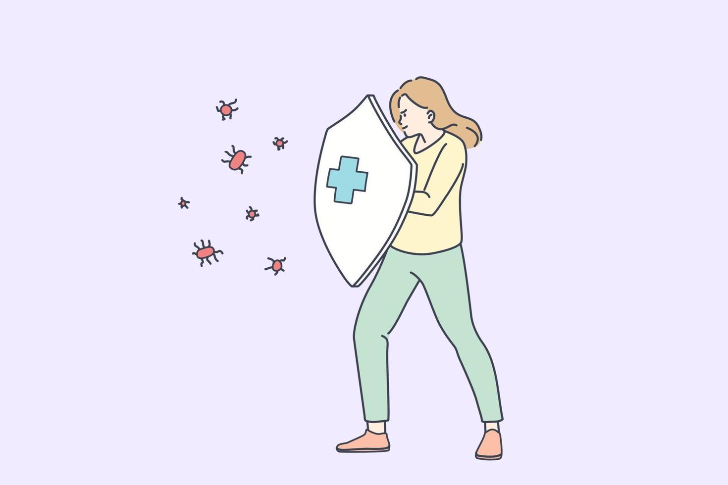 Protection of virus infection concept. Young woman cartoon character standing holding shield to pretect health from microbes disease infection COVID-19 vector illustration