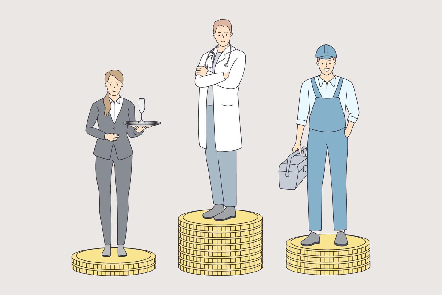 Earning money in various spheres concept. Young workers waiter repairman and doctor cartoon character standing on various heaps of golden coins vector illustration