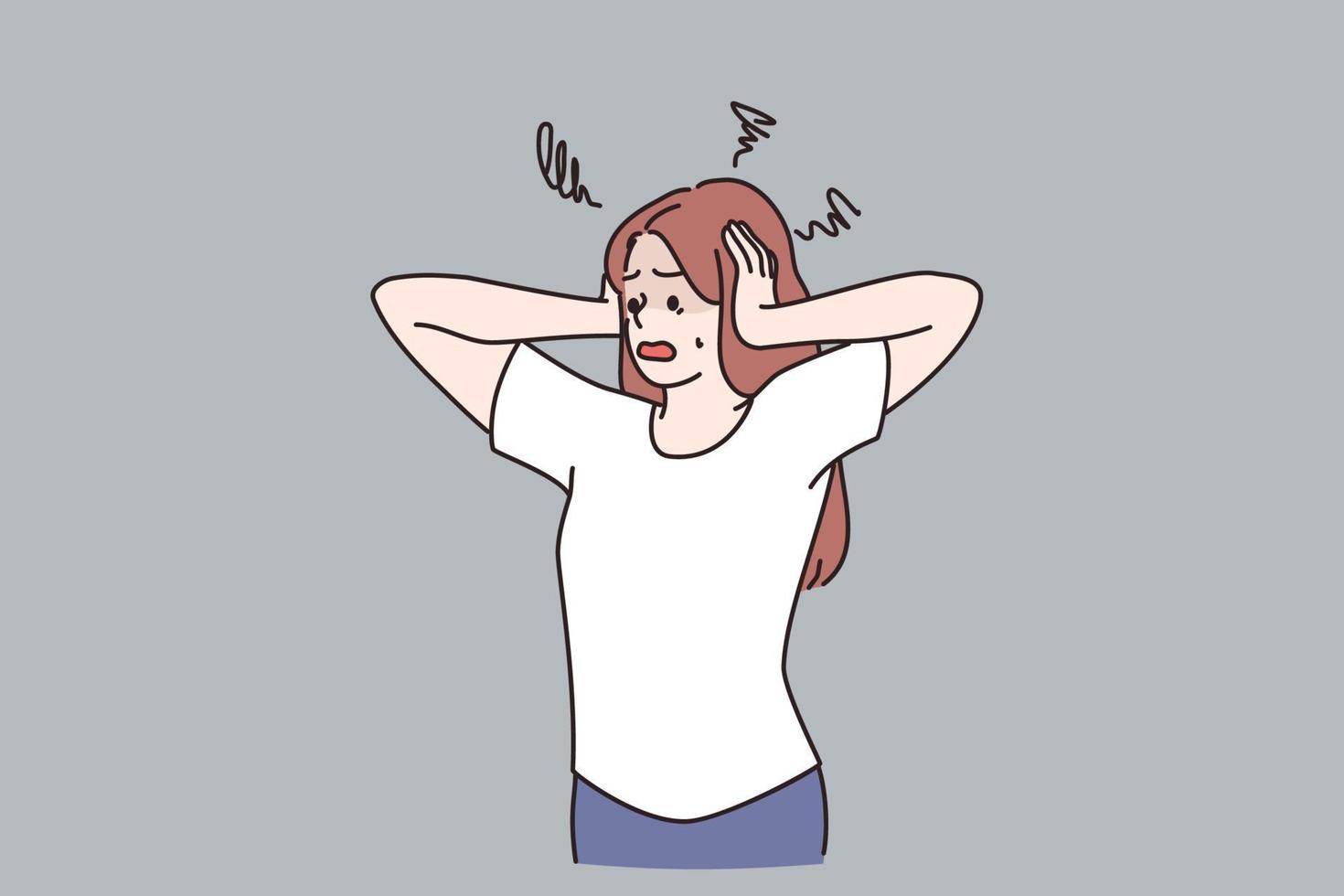 concepto de ansiedad, pánico y estrés. joven ansiosa caricatura femenina de pie tocando la cabeza sintiéndose estresada ilustración vectorial vector