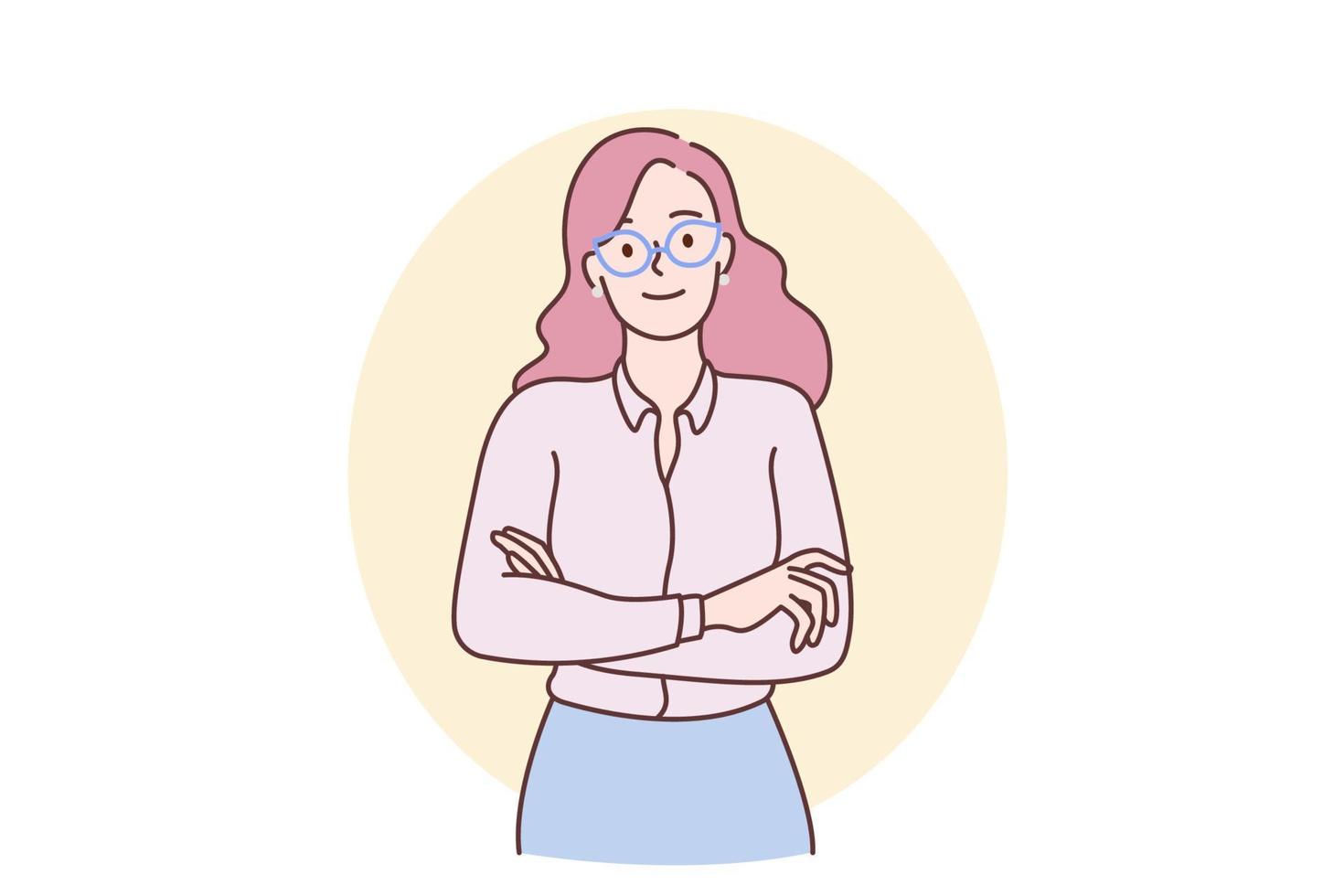 Wearing glasses and image concept. Young smiling positive girl cartoon character standing wearing glasses looking at camera with hands crossed vector illustration