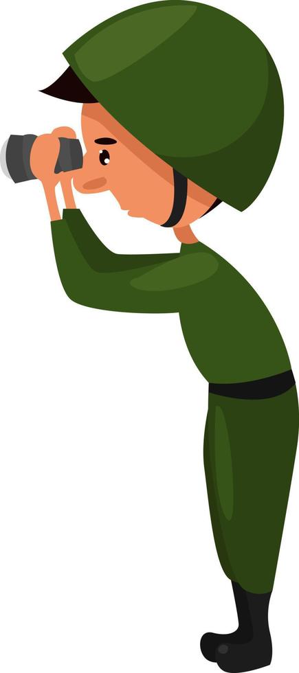 Soldier with binoculars, illustration, vector on white background