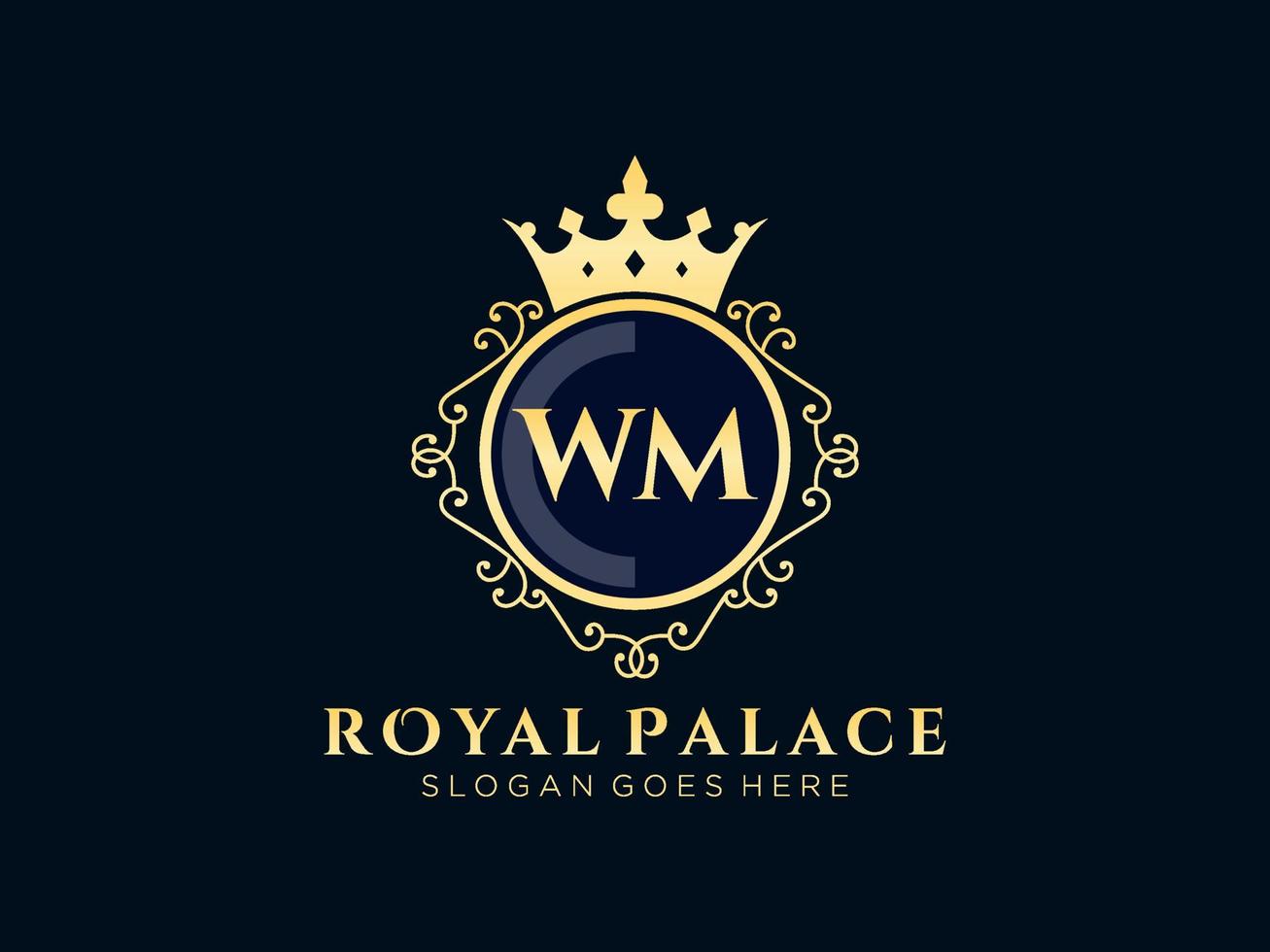 Letter WM Antique royal luxury victorian logo with ornamental frame. vector