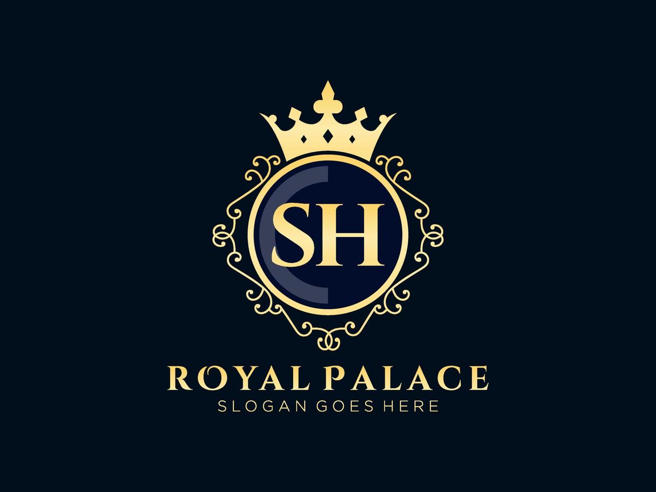 Letter SH Antique royal luxury victorian logo with ornamental frame. vector