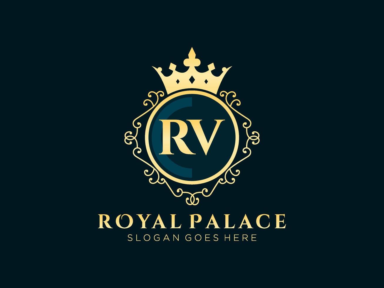 Letter RV Antique royal luxury victorian logo with ornamental frame. vector